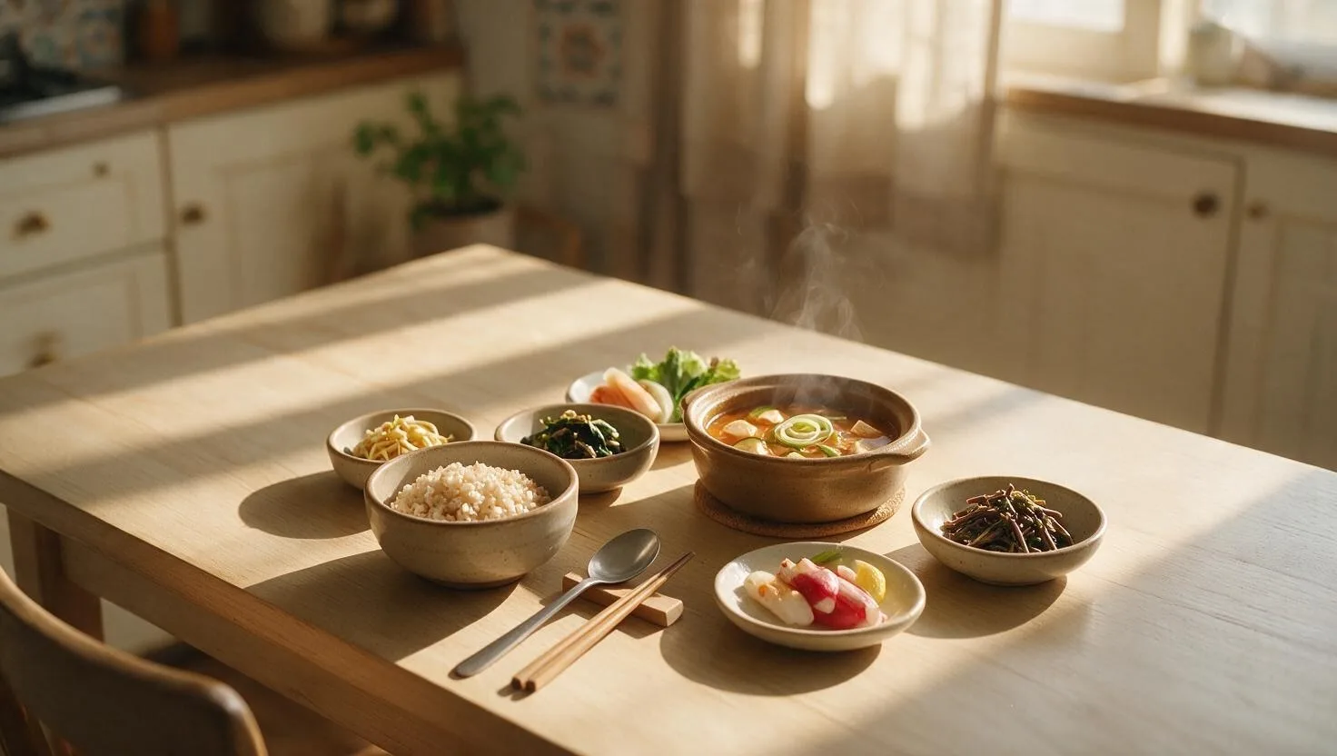 햇살 드는 식탁에 차려진 현미밥, 찌개, 나물 반찬의 건강한 한식 한 끼