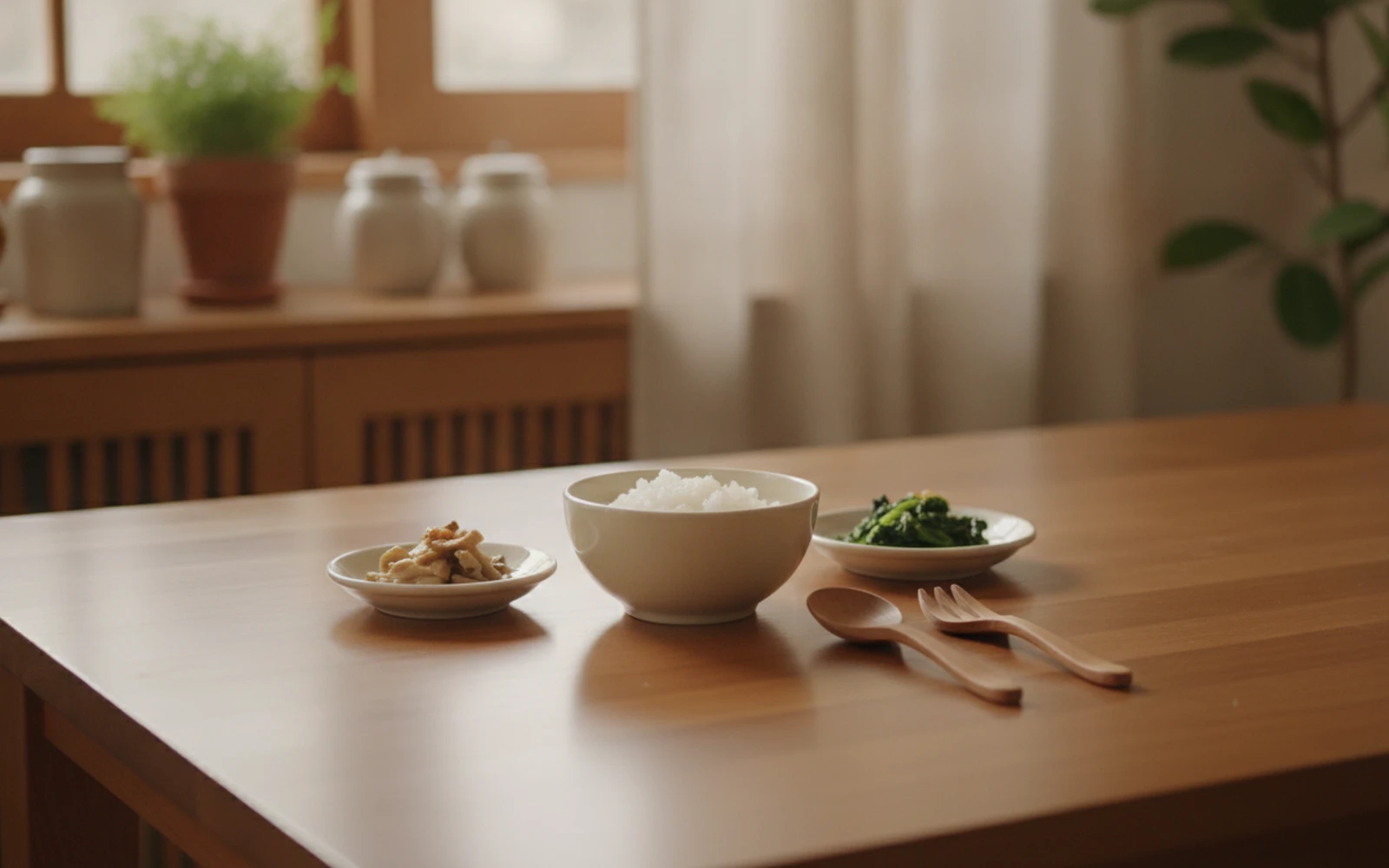 식탁 위 아이용 밥그릇과 반찬, 작은 숟가락