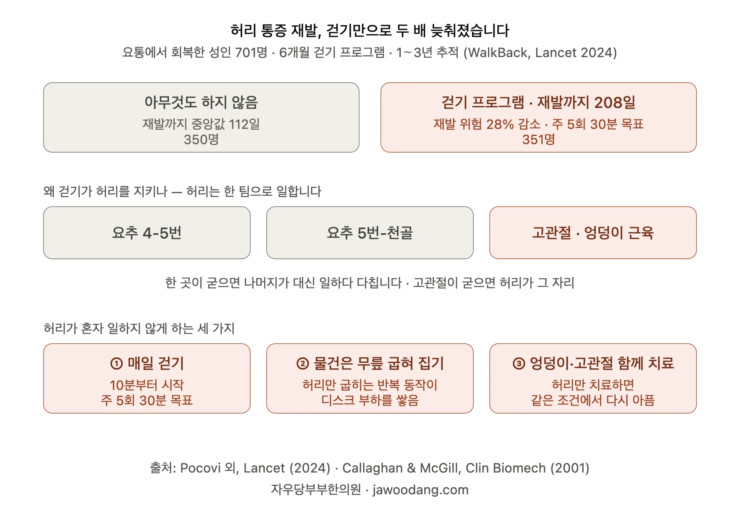 요통 회복 성인 701명 임상시험에서 걷기 그룹의 재발까지 기간이 208일로 대조군 112일의 두 배였고 재발 위험이 28% 낮았다는 결과와, 허리와 고관절이 한 팀으로 일한다는 원리, 허리를 지키는 세 가지 방법을 정리한 다이어그램