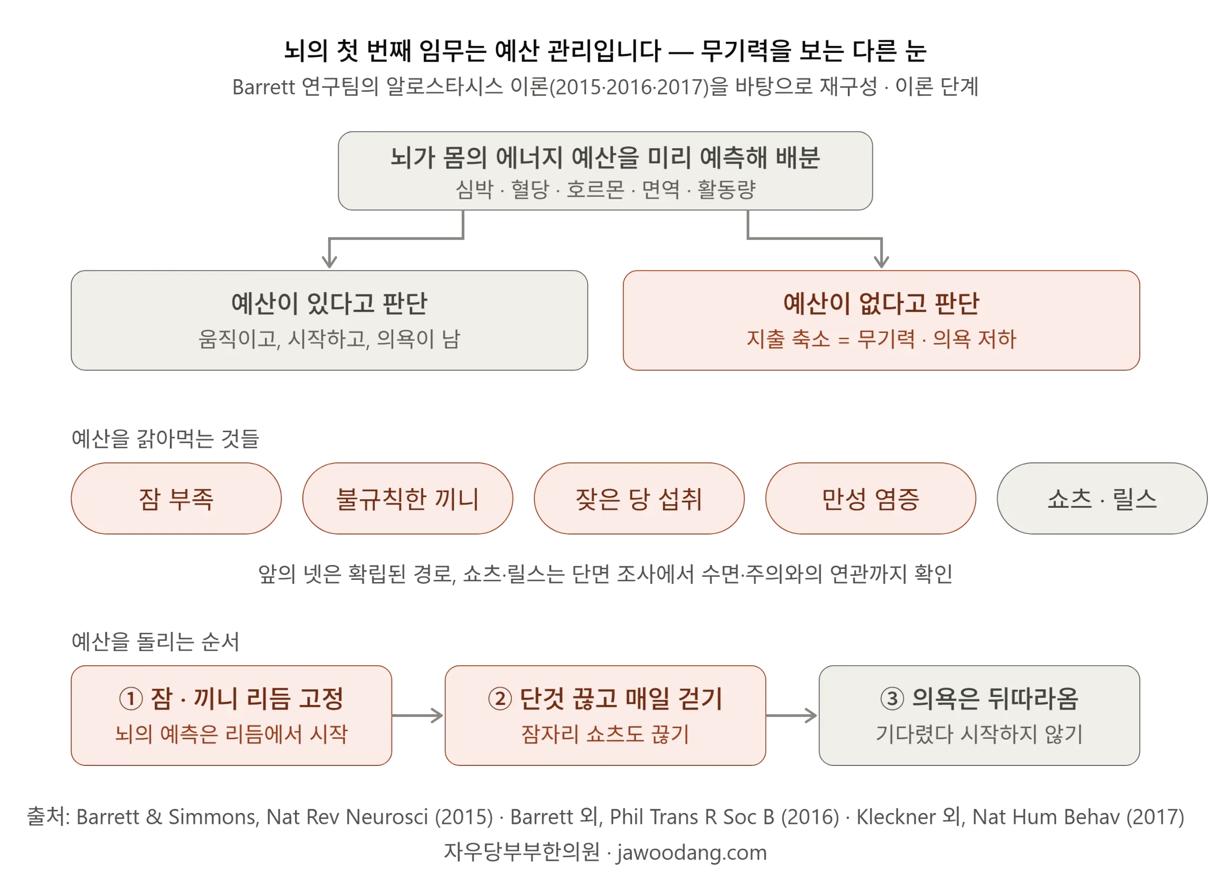 뇌가 몸의 에너지 예산을 예측해 배분한다는 알로스타시스 이론에서 무기력은 예산 부족 판단에 따른 지출 축소이며, 잠 부족·불규칙한 끼니·잦은 당 섭취·만성 염증·쇼츠 시청이 예산을 갉아먹고, 잠·끼니 리듬 고정과 단것 끊기·걷기 뒤에 의욕이 따라온다는 순서를 정리한 다이어그램
