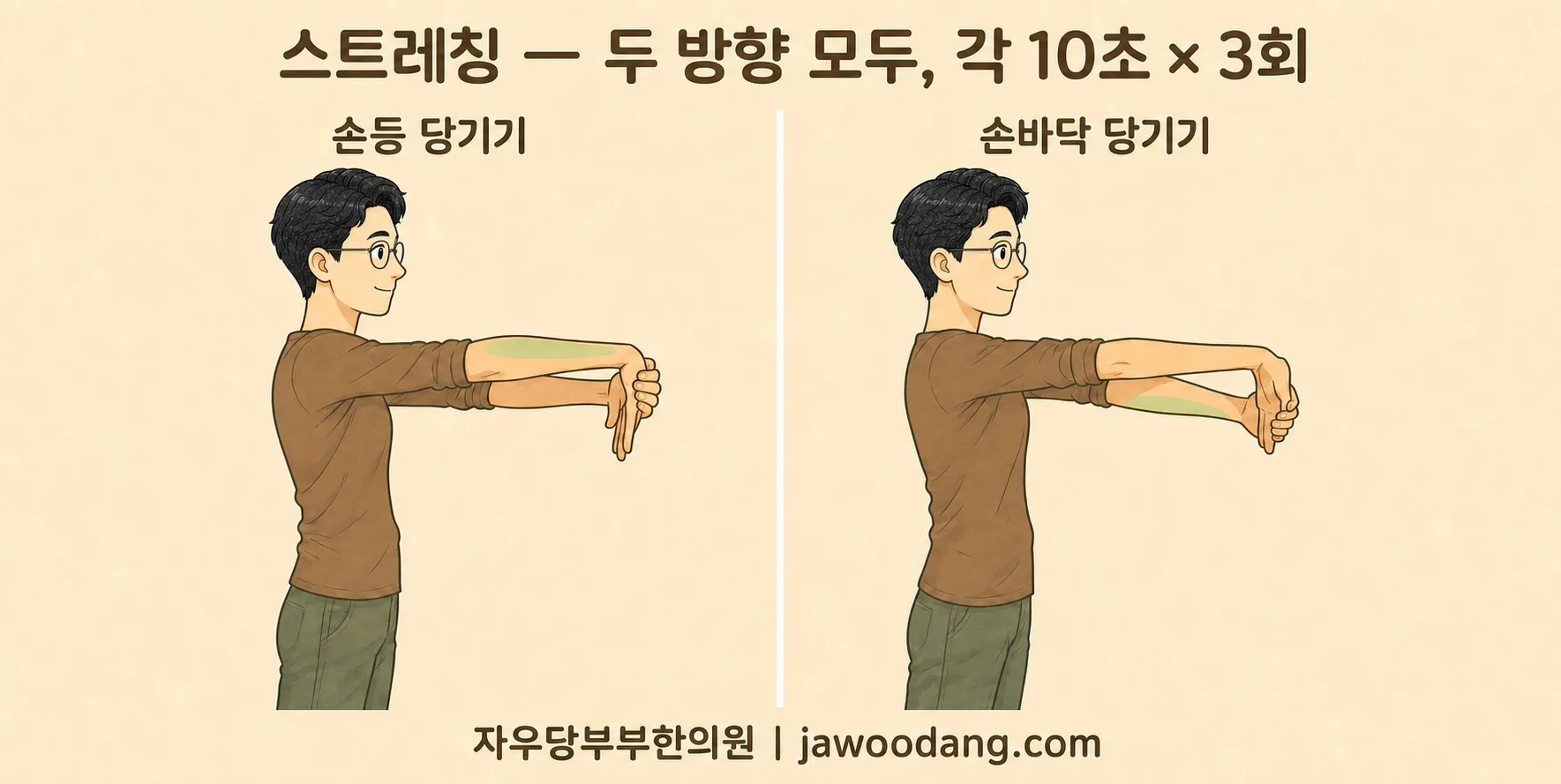 테니스 엘보 스트레칭 두 가지 — 손등 당기기와 손바닥 당기기, 각 10초씩 3회