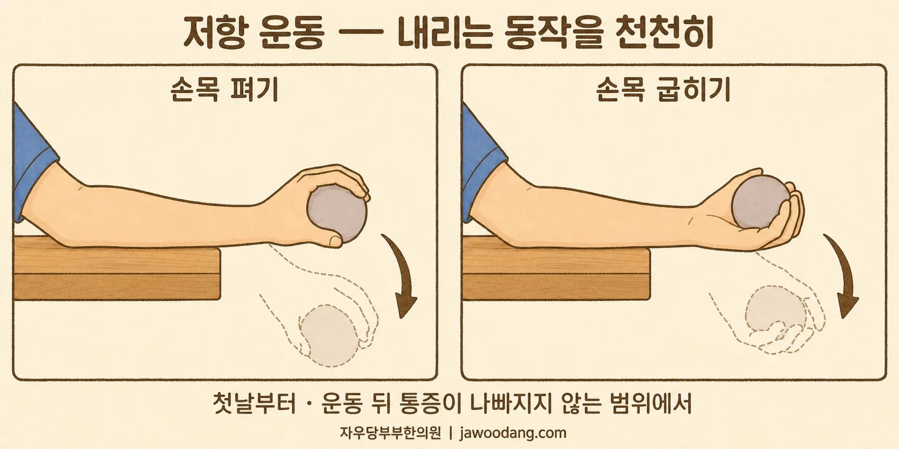 테니스 엘보 저항 운동 두 가지 — 아래팔을 책상에 얹고 손목만 밖으로 내어 공을 쥔 채 손목 펴기와 손목 굽히기, 내리는 동작을 천천히